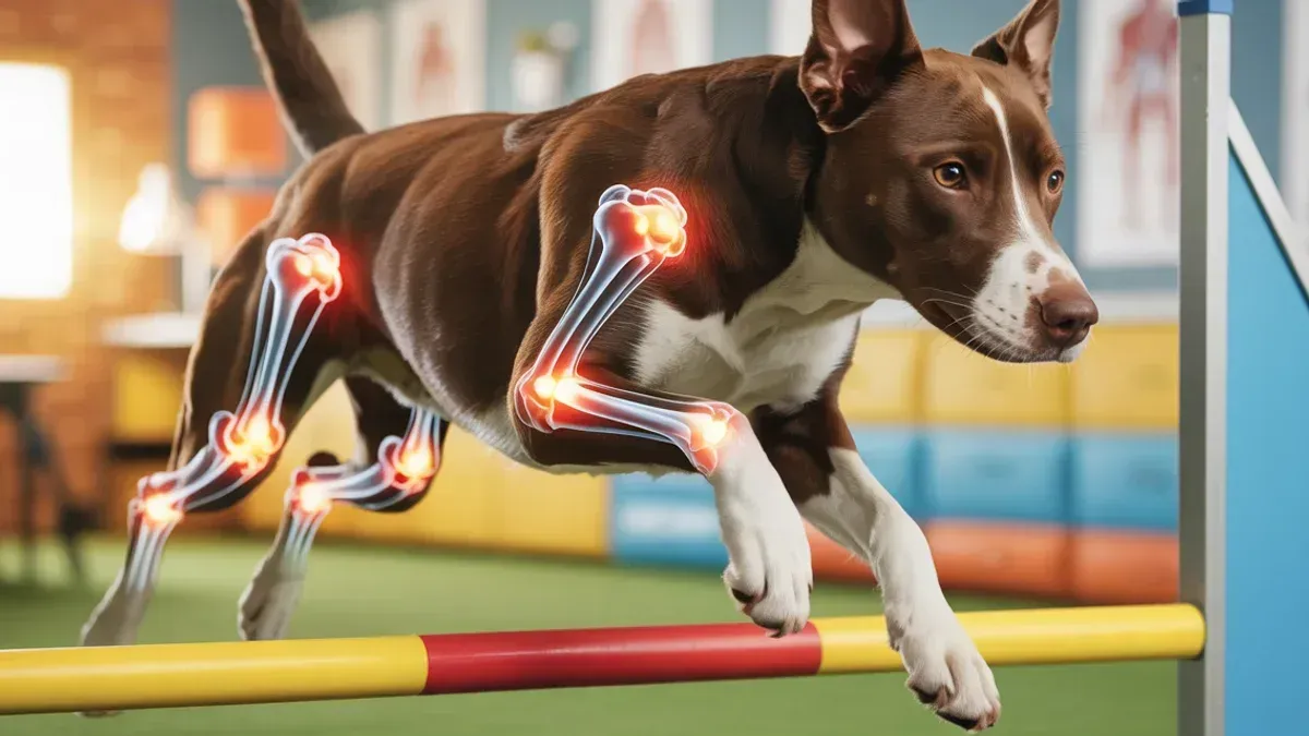 Ein aktiver Hund beim Agility mit hervorgehobenen Gelenken vor einem warmen, professionellen tierärztlichen Hintergrund.