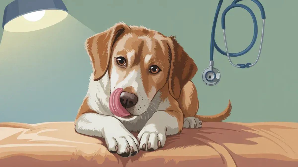 Ein Hund leckt besorgt seine Pfote auf einem Tierarzttisch, im Hintergrund stethoskop und warmes Licht, medizinisch-empatische Stimmung, kein Blut, professionelle Atmosphäre.