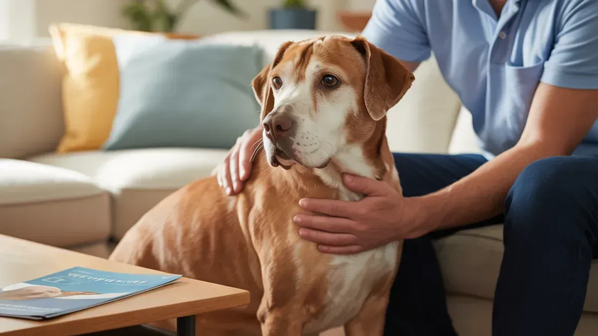 Ein Hundebesitzer hilft liebevoll seinem steifen älteren Hund morgens beim Aufstehen, im warmen, wohnlichen Ambiente mit dezentem medizinischem Bezug.