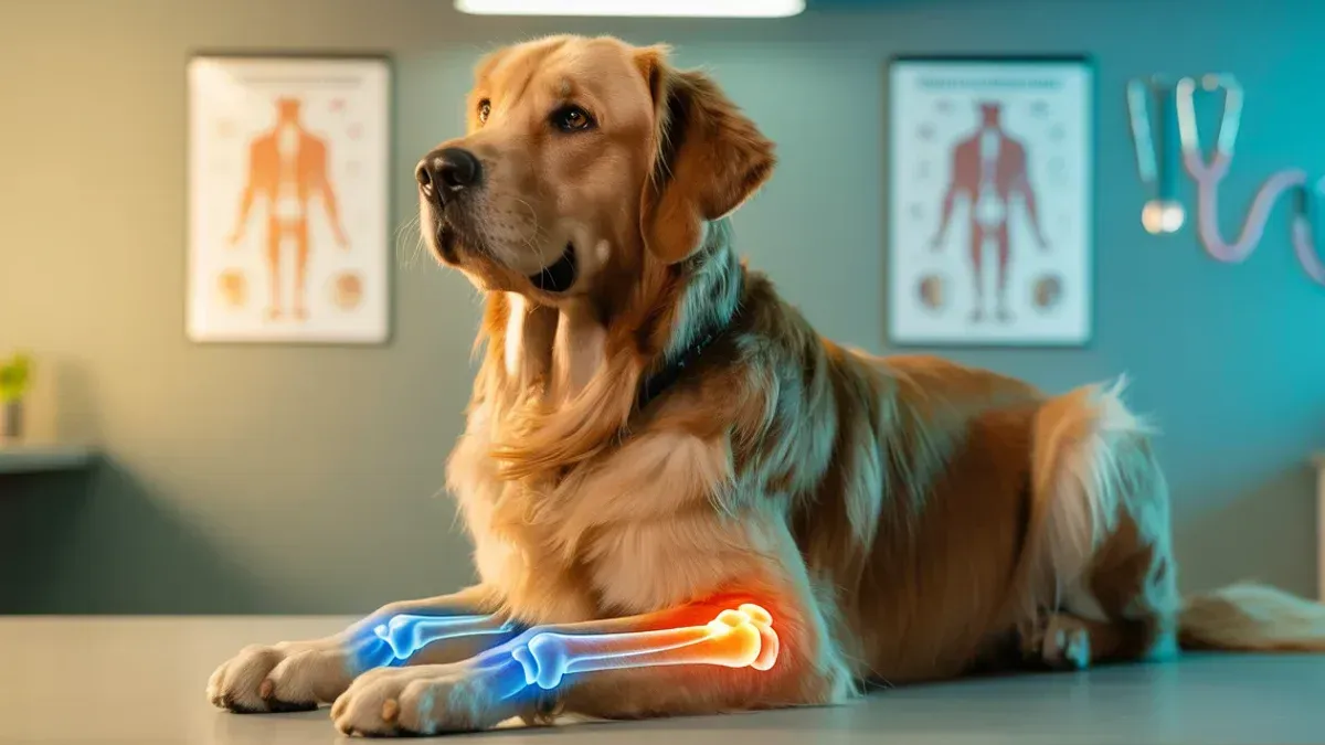 Großer Hund sitzt in moderner Tierarztpraxis, Gelenke sind freundlich hervorgehoben, Fokus auf Gelenkschutz, warme und vertrauenswürdige Farben, professionelle Atmosphäre.