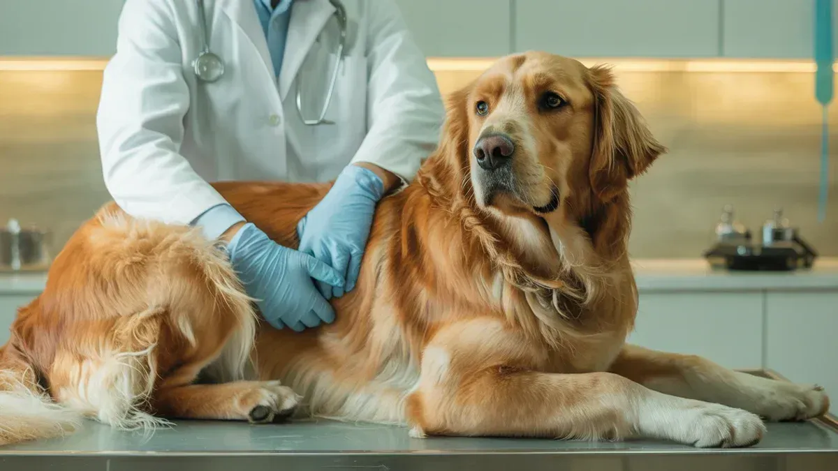 Großer Hund wird im warmen, modernen Behandlungsraum von Tierärztin an den Gelenken untersucht, Fokus auf fürsorgliche Vorsorge.