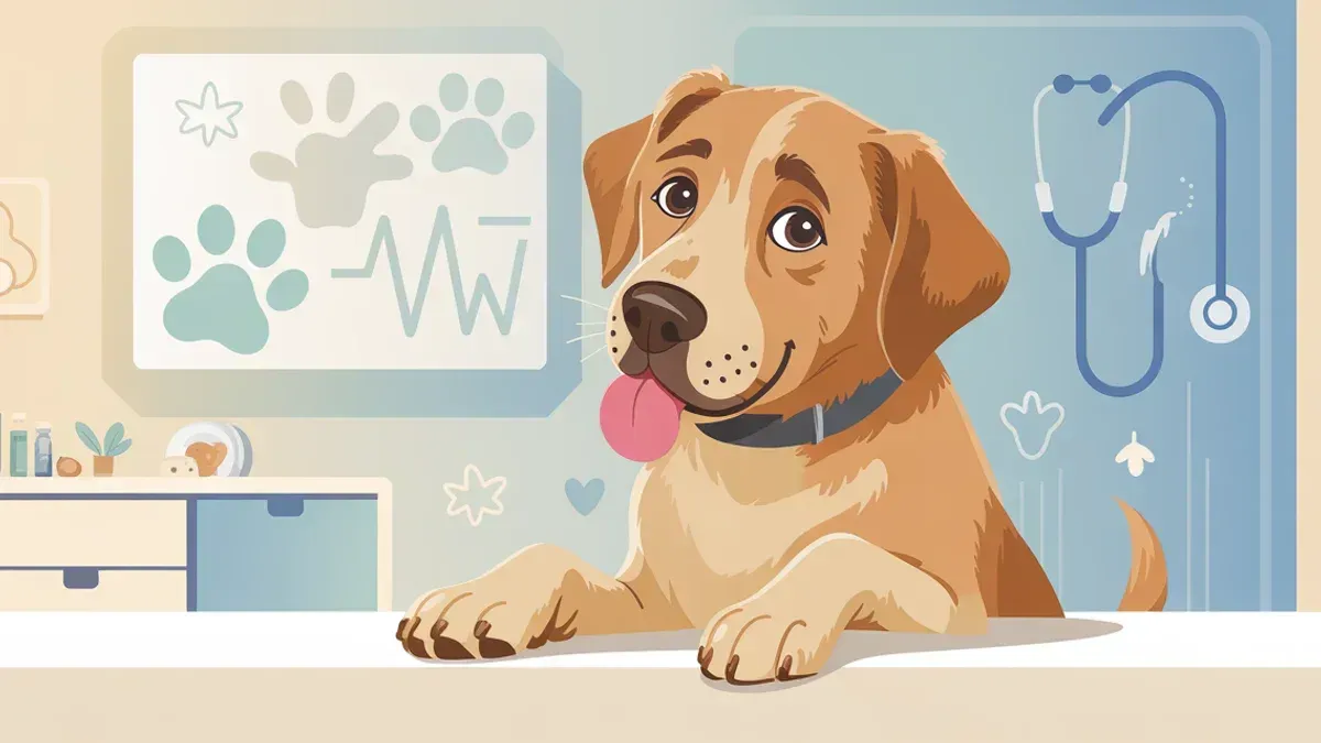 Hund leckt besorgt seine Pfote in freundlicher Tierarztpraxis, sanfte Farben, dezente Vet-Symbole im Hintergrund, empathisch und professionell.