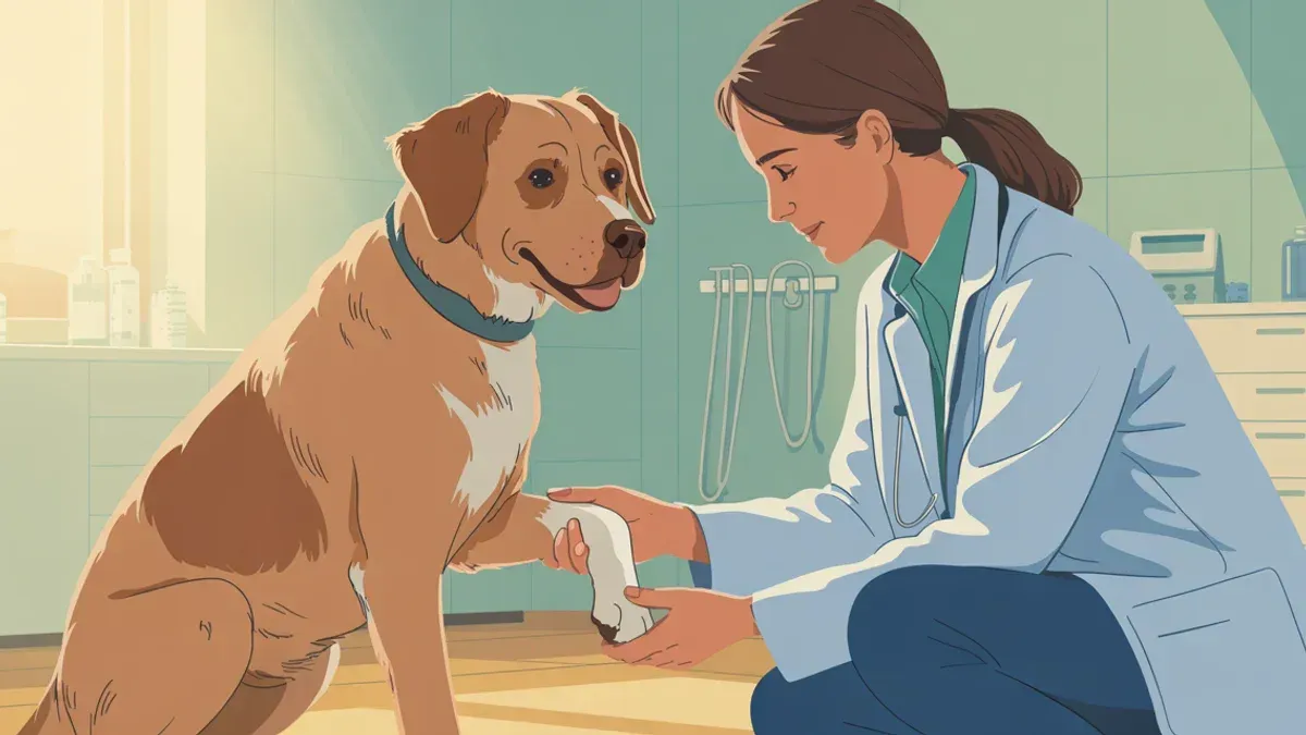 Hund mit leicht gehobenem Bein wird morgens in einer warmen Tierarztpraxis von einem freundlichen Tierarzt einfühlsam beobachtet.