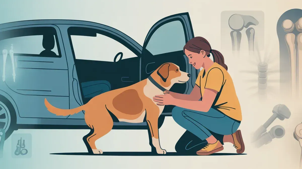 Hund zögert vor offenem Auto, Besitzer stützt sanft seine Pfote, medizinische Icons deuten auf Gelenkprobleme hin. Warme Farben, empathische Stimmung.