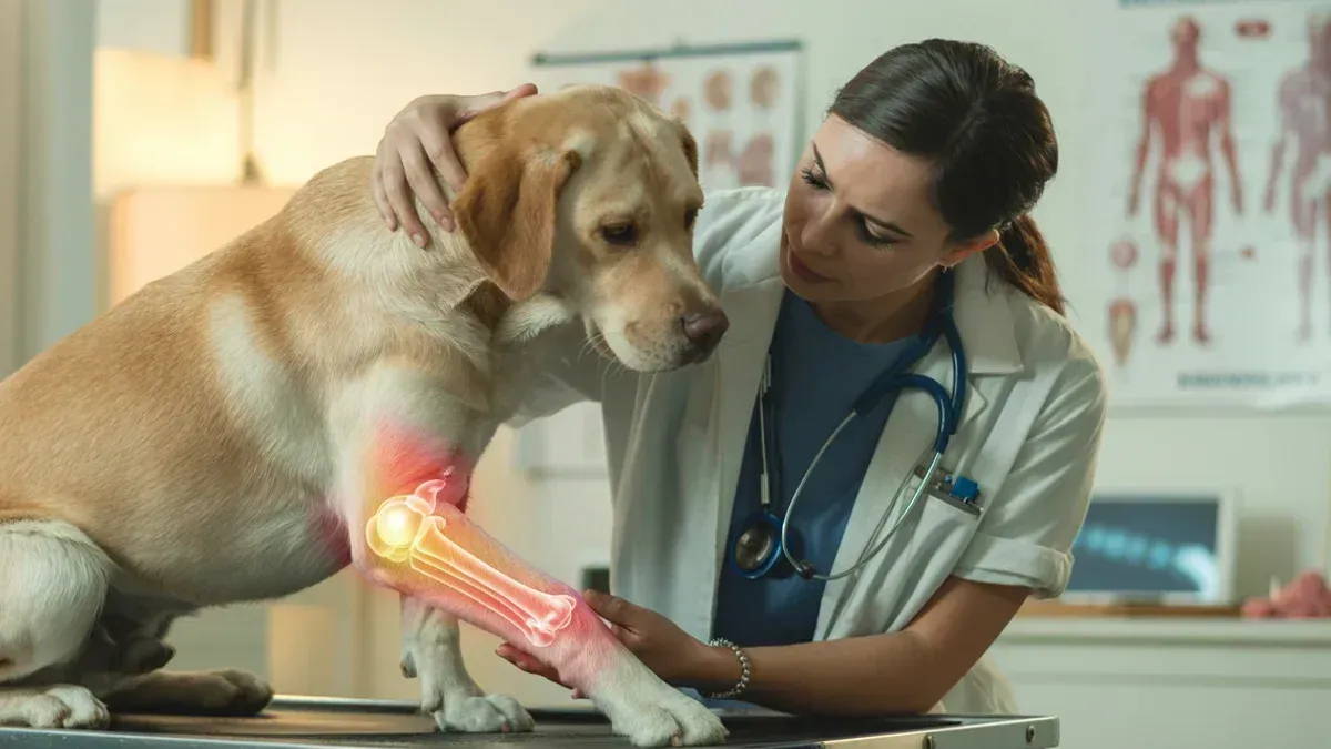 Hundebesitzer untersucht sanft das Bein seines Hundes auf Gelenkschmerzen in einer hellen, veterinärmedizinischen Praxis, empathisch und professionell.