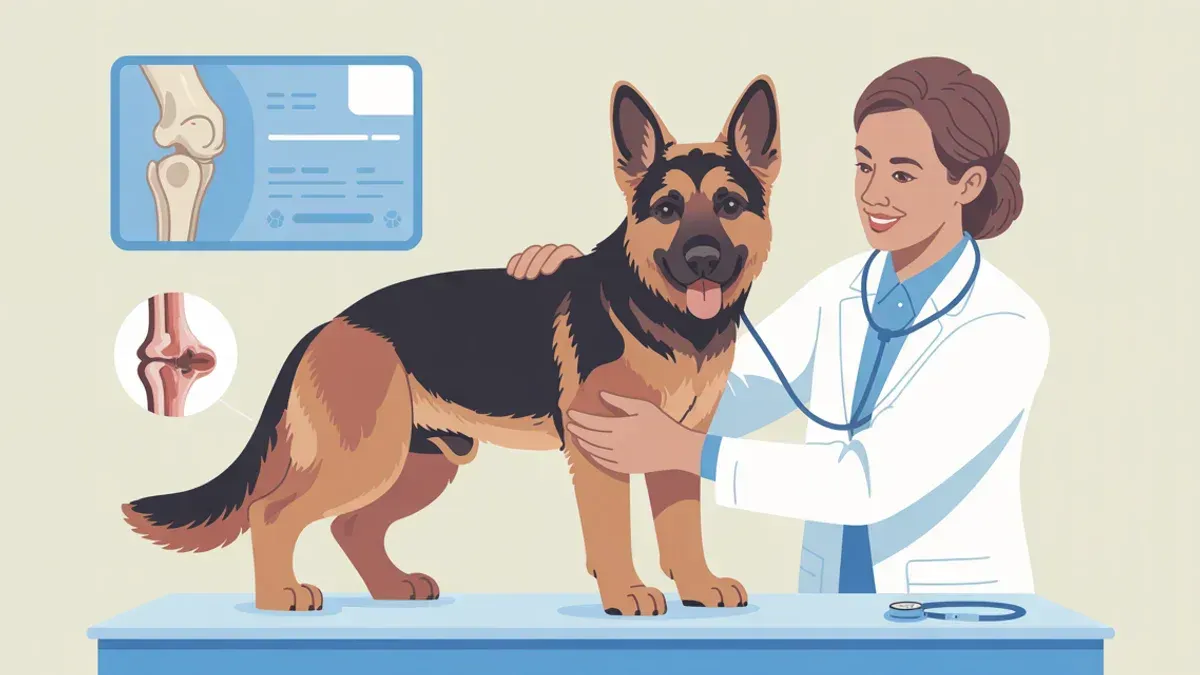 Junger Deutscher Schäferhund wird vom Tierarzt bei einer Hüftuntersuchung freundlich untersucht, Fokus auf HD-Prävention ab dem 6. Monat.