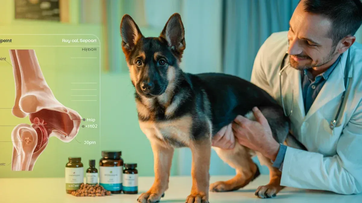 Junger Deutscher Schäferhund wird von Tierärztin an der Hüfte untersucht, medizinisches Diagramm und Präventionsprodukte dezent sichtbar, warme vertrauensvolle Atmosphäre.