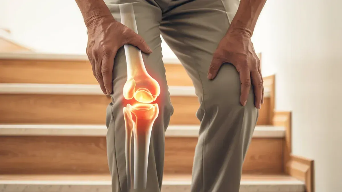Ältere Person hat Mühe beim Treppensteigen, Fokus auf Knie mit medizinischer Markierung, warme Farben in klinischer, vertrauensvoller Umgebung.