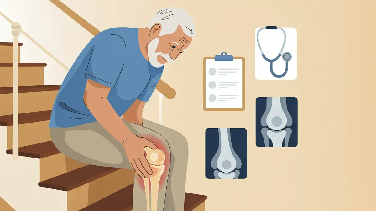 Ältere Person hält sich beim Treppensteigen das Knie, medizinische Illustration mit Fokus auf Gelenk, drei Test-Symbole, warme vertrauenswürdige Farben.
