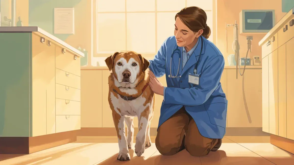 Älterer Hund geht langsam neben einfühlsamer Tierärztin in freundlicher Praxis, beide wirken ruhig und fürsorglich.