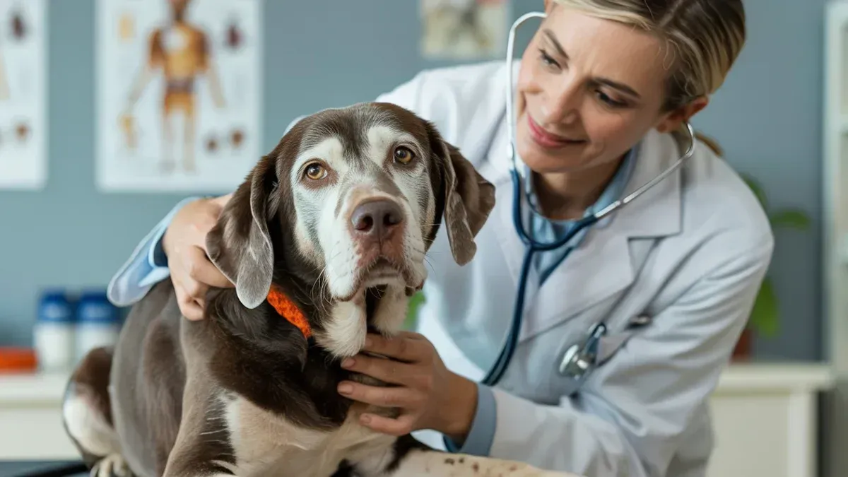 Seniorhund wird einfühlsam von Tierärztin untersucht, warme Atmosphäre, Fokus auf medizinische Betreuung älterer Hunde.