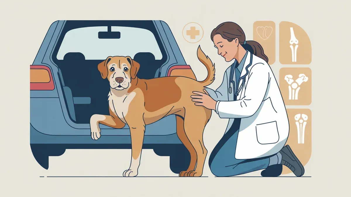 Tierarzt untersucht das Bein eines älteren Hundes, der nicht ins Auto springen will. Sanfte medizinische Symbole und warme Farben vermitteln Kompetenz und Fürsorge.