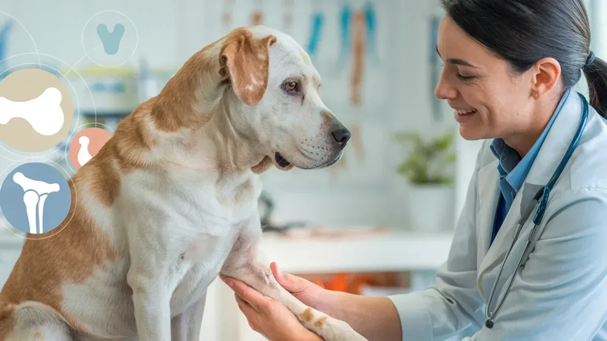Tierarzt untersucht ein älteren Hund fürs Gelenkwohl, warmes Licht und medizinische Symbole vermitteln Fürsorge und Vertrauen.