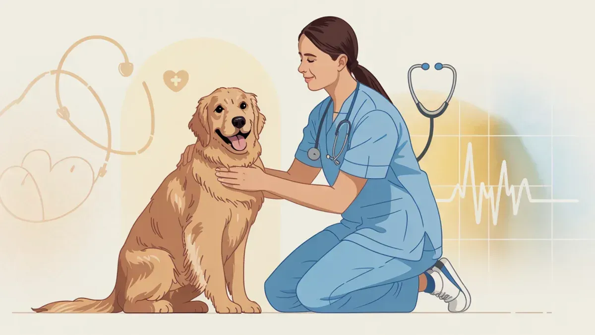 Tierarzt untersucht einen freundlichen Golden Retriever in warmer Praxisatmosphäre; medizinische Symbole deuten Gesundheitsvorsorge an.