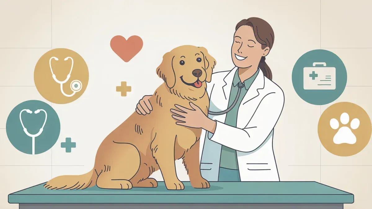 Tierarzt untersucht einen gesunden Golden Retriever in moderner Praxis, Fokus auf Prävention und Vertrauen, warme Farben, empathisch-professionelle Atmosphäre.