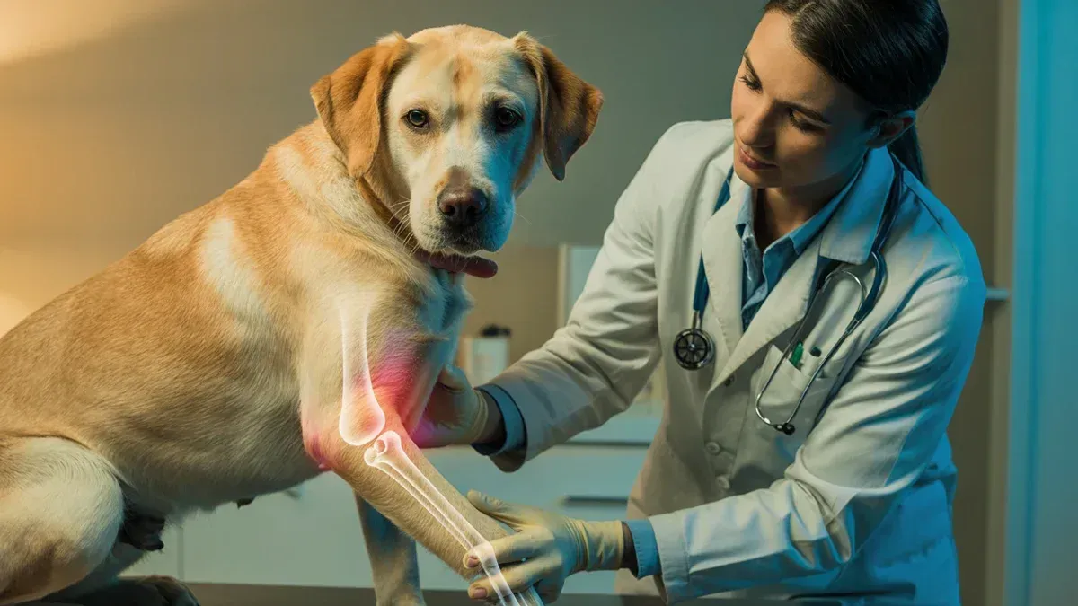 Tierarzt untersucht sanft das Bein eines älteren Hundes in freundlicher Praxis, Fokus auf Gelenke mit warmen Farben. Hund wirkt entspannt, Szene wirkt vertrauensvoll.