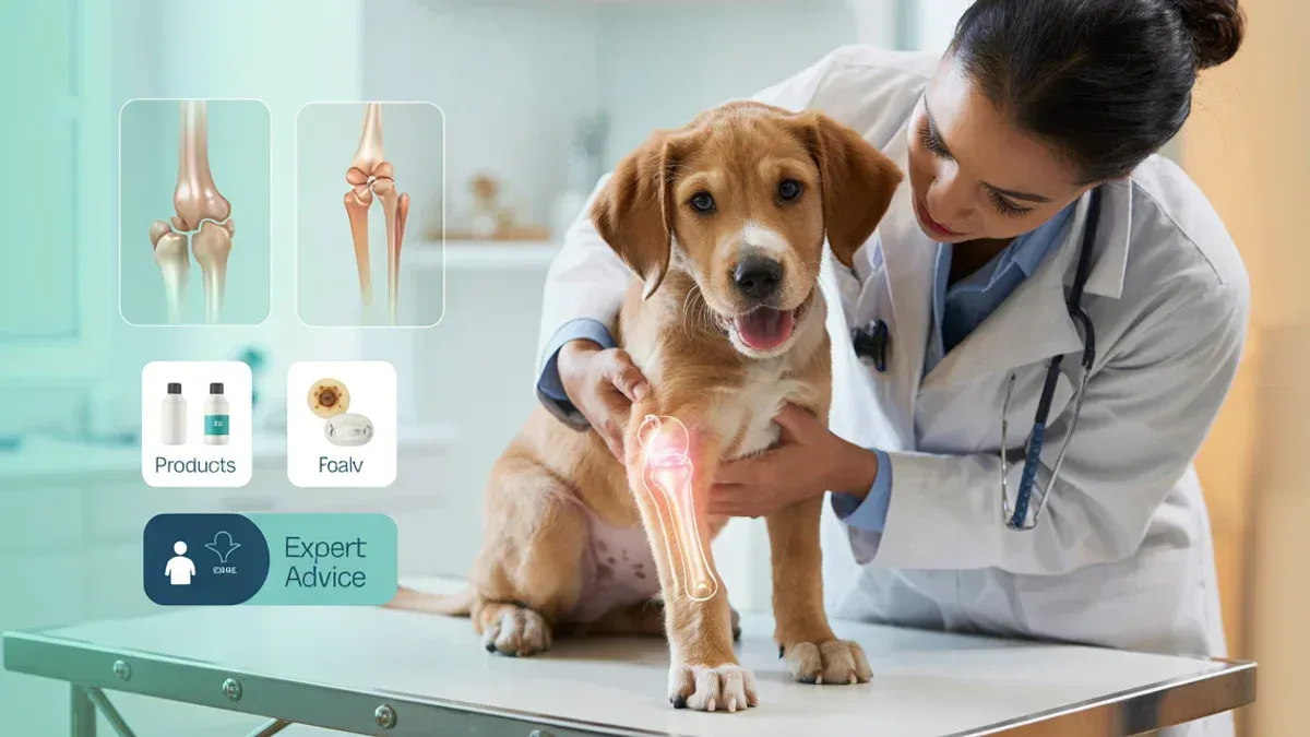 Tierarzt untersucht Welpen sanft auf Gelenkgesundheit, mit Infografik-Elementen und warmen Farben, Fokus auf professionelle, empathische Atmosphäre.