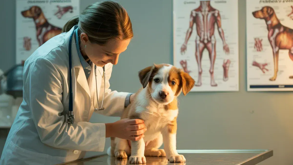 Tierärztin untersucht ein fröhliches Welpenbein, Fokus auf Gelenkgesundheit in heller, vertrauensvoller Klinik, mit medizinischen Postern im Hintergrund.